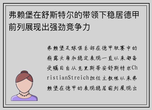 弗赖堡在舒斯特尔的带领下稳居德甲前列展现出强劲竞争力