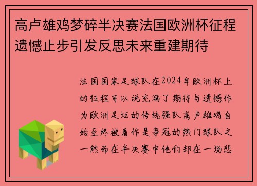 高卢雄鸡梦碎半决赛法国欧洲杯征程遗憾止步引发反思未来重建期待